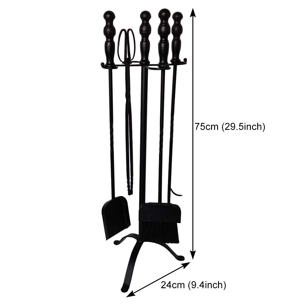 Set di Utensili per Camino 5 Pezzi Set di accompagnamento Tradizionale in Ferro battuto per Stufa a Legna e Carbone 75 cm Accessori Neri