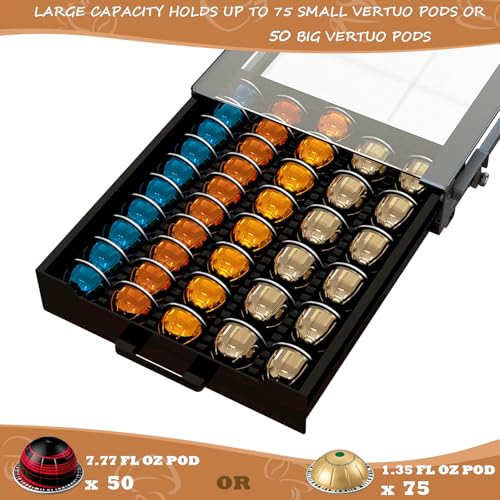 Coffee Pod Rolling Drawer Organizer with Crystal Clear Tempered Glass Topboard, Compatible for 75 Small or 50 Big Nespresso Vertuo Pods