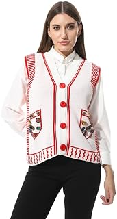 Stylish White and Red Knitted Vest with Embellished Pockets - 2719
