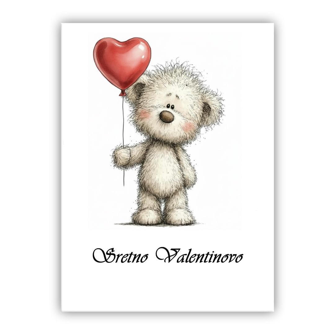 Multilingual Valentine’s Day Card – Cute Bear with Balloon – Romantic Greeting Card for Husband, Wife, Boyfriend, Girlfriend (• Bosnian: Sretno Valentinovo)