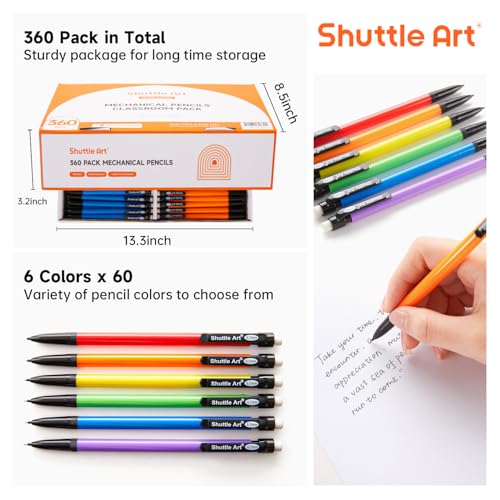 Image of Shuttle Art Mechanical Pencils, 360 Pack Bulk Mechanical Pencils 0.7mm Medium Point, HB #2 Lead Pencils, Assorted Barrels, Office School Supplies