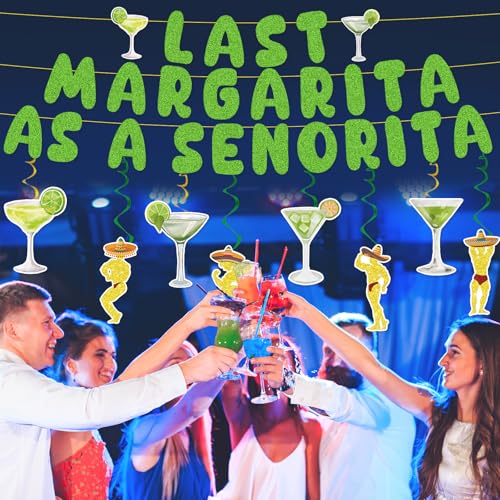 Image of Margs & Matrimony Bachelorette Decorations - 11PCS Margarita Party Decoration Last Margarita as A Senorita Banner Hanging Swirls Decor Bridal Shower Wedding Party Supplies