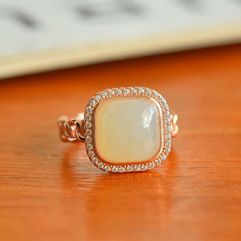 HMJGDHX S925 Silber vergoldeter quadratischer Ring aus natürlicher weißer Hetian-Jade (verstellbare Öffnung) 1 für Damen. Echt