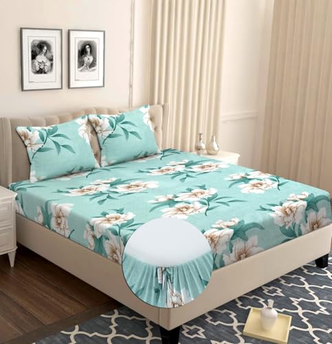 Image of HOMEKART 120 TC Cotton Rich Elastic Corner Fitted Bedsheet with 2 Pillow Covers | Double Bed 72x68+6 Inches | Wrinkle-Free, Super Soft & Breathable Floral Design | Light Green