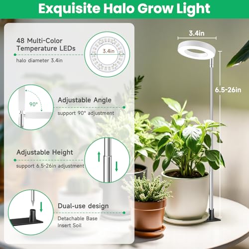 Image of Aokrean Halo Grow Lights for Indoor Plants, Full Spectrum with Base 5 Pack | 3.5in White Growing Lamp for Small Plants Herbs, Desk /Plug Install, 6.5-26in Adjustable, 3 Spectra, Auto Timer, Dimmable