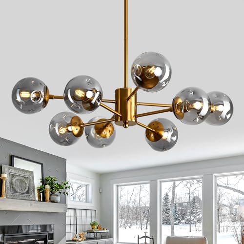 Image of 8 Light Chandelier Mid Century Glass Globe Sputnik Pendant Light Fixture Gold Ceiling Light for Living Room Kitchen Dining Room Bedroom Farmhouse.