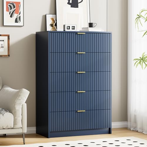 Image of Furniway Blue Dresser for Bedroom, Modern Dresser with 5 Drawers and Smooth Slides, Wide Chest of Drawers with Golden Handles for Bedroom, Living Room, Closet, 15.7 inch D x 31.5 inch W x 47.2 inch H