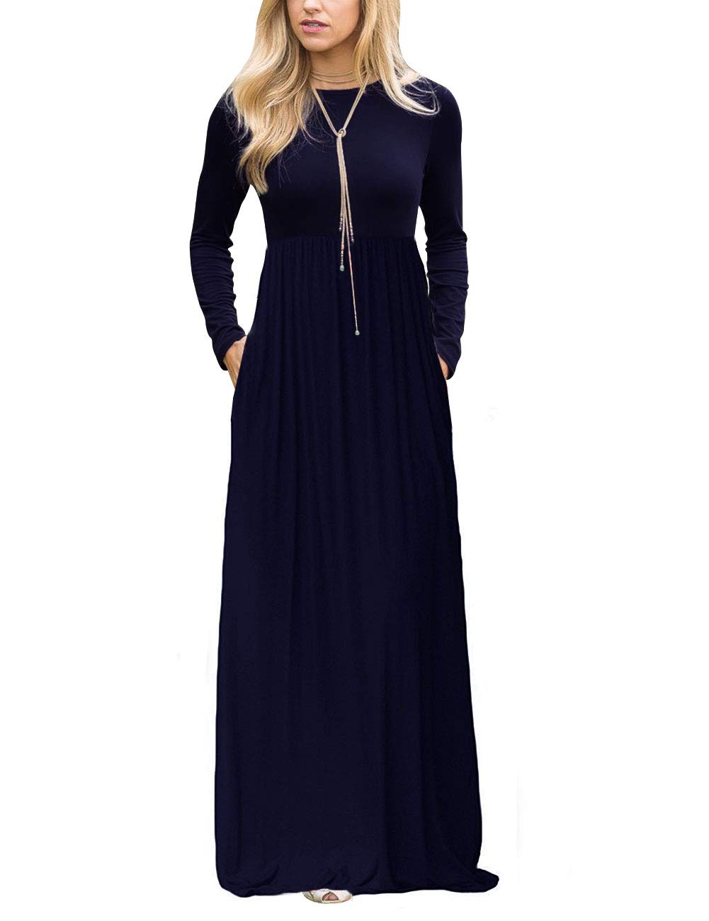 MEROKEETY Women's Long Sleeve Plaid Empire Waist Full Length Maxi Dress with Pockets