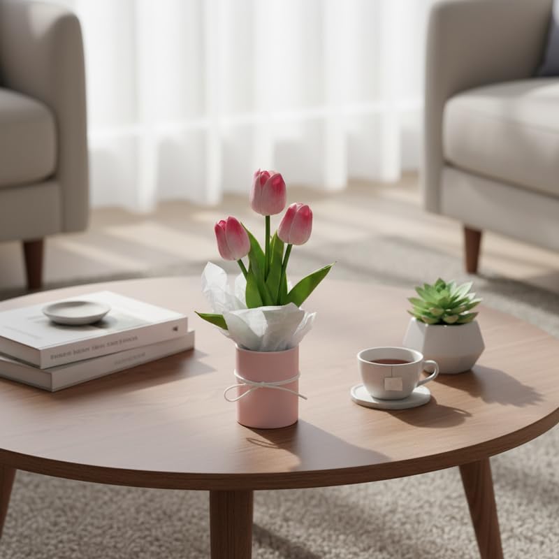 Image of Artificial Tulip Flowers with Vase for Home Decor | Real Look Pink Tulip Bouquet | Table Centerpiece, Living Room, Office Desk Decoration | Gift for Birthday, Anniversary, Housewarming