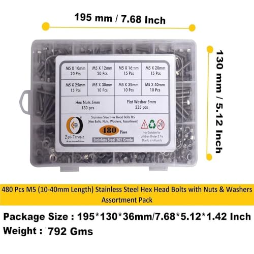 Image of Metric M5 Stainless Alloy Steel 202 Grade Full Threaded Hex Bolts Nuts and Washer Assortment Kit Set with Storage Box Pack of 480 Pcs