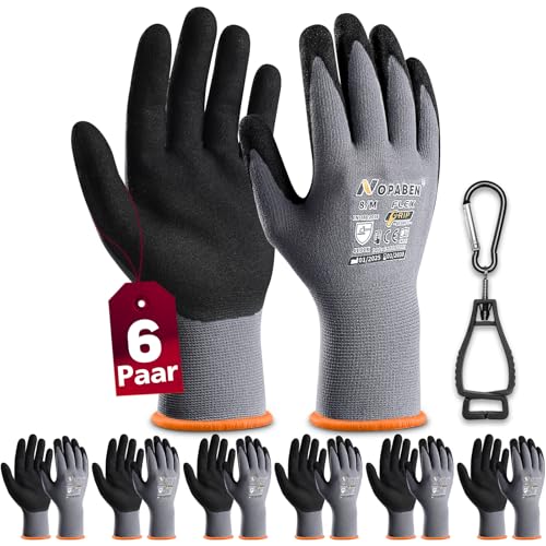 6 Paar Arbeitshandschuhe mit grip herren, mit Rutschfeste Nitril-Beschichtung Mechaniker Handschuhe, Montagehandschuhe mit optimaler Griffigkeit & feinem Tastgefühl, gartenhandschuhe damen, Größe 8/M