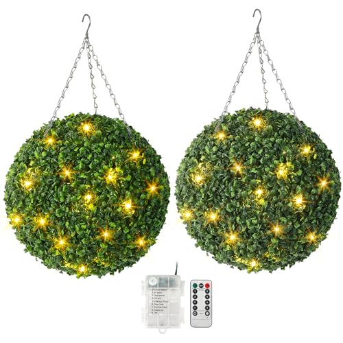 Garveehome 16 inch Artificial Plant Boxwood Ball, Artificial Topiary for Outdoors or Indoors with 30LED Light, All-Year Green Faux Boxwood Balls for Backyard, Garden, Wedding and Home DéCor, 2 Pcs