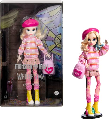 Monster High Wednesday Doll and Accessories Enid Sinclair Collectible in Pink Fashion with Beret and Backpack Doll Stand