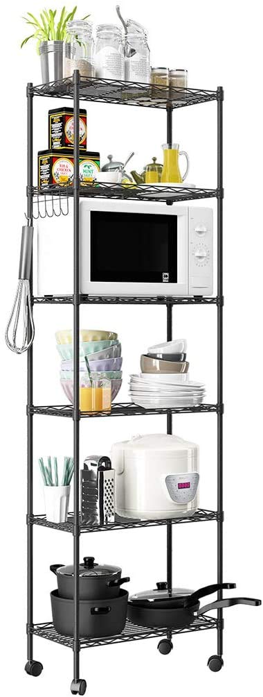 NATRKE 6-Tier Storage Shelf Wire Shelving Unit, Adjustable Heavy Duty Storage Shelves for Kitchen Organization, with Leveling Feet and Lockable Wheels, Black (21.26 Lx12 Wx69 H)