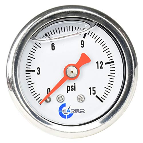 Carbo Instruments 1-1/2" Fuel Pressure Gauge, Stainless Steel Case 304, Chrome Plated Brass Connection, Glycerin Filled, 0-15 Psi, Accuracy 3-2-3%, Back Mount 1/8" Npt #TOP15