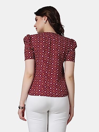 Image of POPWINGS Casual Printed Puff Sleeves Round Neck Top for Women || Stylish Summer Tops for Women || Hip-Length Women Top