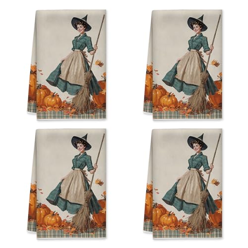 Juego de 4 toallas de cocina con ilustración de bruja, diseño vintage de calabaza, hojas de otoño, naranja, paños de cocina absorbentes, decoración de cocina, 16 x 24 pulgadas (4 piezas)