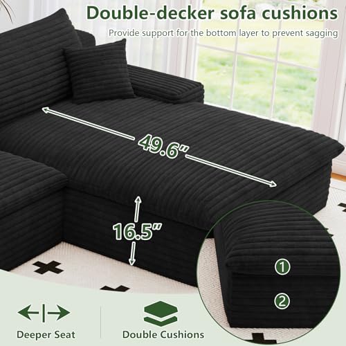 Image of 136 inch Cloud Couch Modular Sectional Sofa for Living Room, U-Shape Boneless Couch with Deep Seat, Modern Corduroy 4-Seater with Ottoman, No Assembly Required (Black,Right-Facing Chaise)