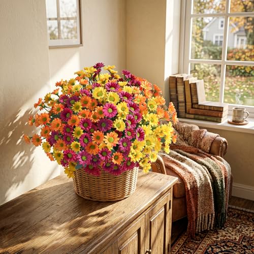 Image of HyeFlora Artificial Mums for Outdoors Fall Decor, 6 Bundles Fake Flowers UV Resistant Realistic Faux Flowers Bouquet Silk Flowers for Outside Planter Porch Patio Garden Yard Balcony Home, Mix