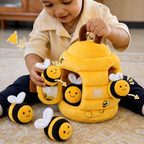 Image of TurtleBee Sensory Bee Baby Toy for 1 year Old - Montessori Soft Beehive Hide & Seek Toy with Plush Bumble Bees, Crinkle, Rattle & Mirror | Developmental Toys for Toddlers | Birthday Gift for 1,2,3 Years Old
