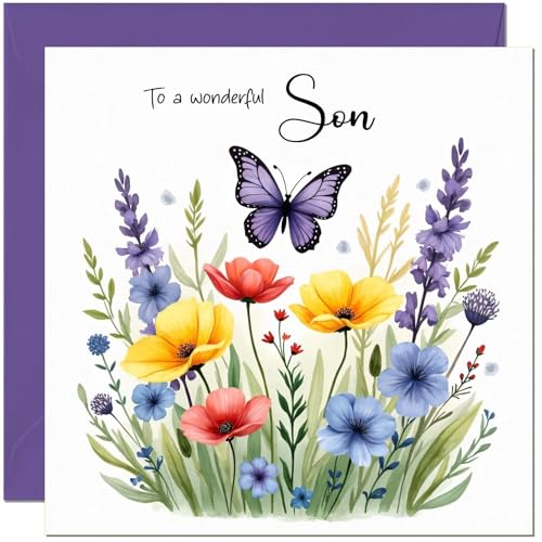 Beautiful Son Birthday Card with Flowers & Butterfly design - Floral Birthday Cards for Son