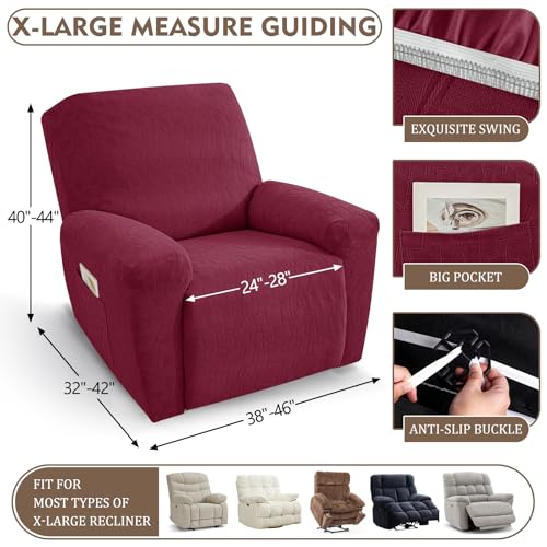 Image of ZNSAYOTX 100% Waterproof Recliner Chair Covers, 3-Piece Stretch Fit Recliner Slipcovers with Buckle & Elastic Band for Lazy Boy, Stay in Place, Soft Plaid Jacquard Protector (X-Large, Wine Red)