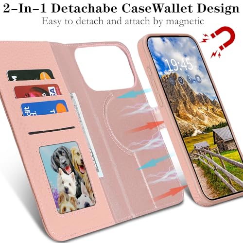 Image of Detachable Genuine Leather Case for iPhone 17 Pro Wallet Case Magnetic 2in1 Removable Flip Cover Book Purse Compatible with Magsafe Charging Kickstand Card Holder-Pink