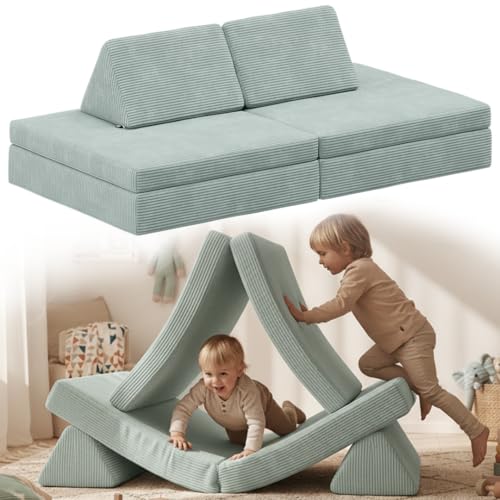 Bellabino Nile Spielsofa Maxi 4-TLG. für Kinder – Kindersofa Cord in Türkis – Spielesofa Schaumstoff Bausteine – modulare Kindercouch ausklappbar mit waschbarem Bezug – Sofa Kinderzimmer Kuschelecke
