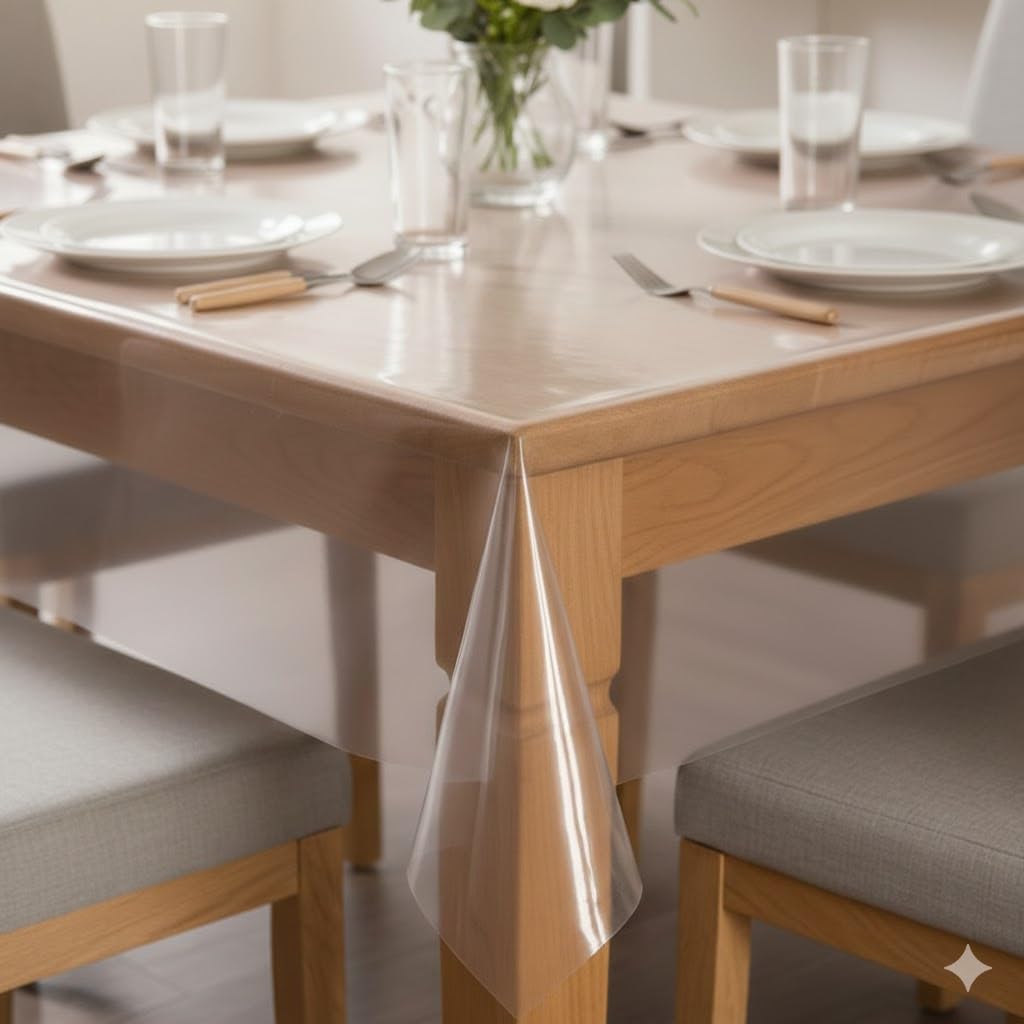 CASA-NEST Polyvinyl Chloride 4 Seater Table Cover Transparent Without Lace,2-4 Seater Crystal Clear Table Cover, Rectangular