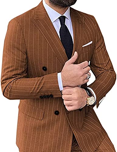 Wangyue Mens Pinstripe Suits 2 Piece Regular Fit Suit Double Breasted Blazer Pants Business Wedding Suit