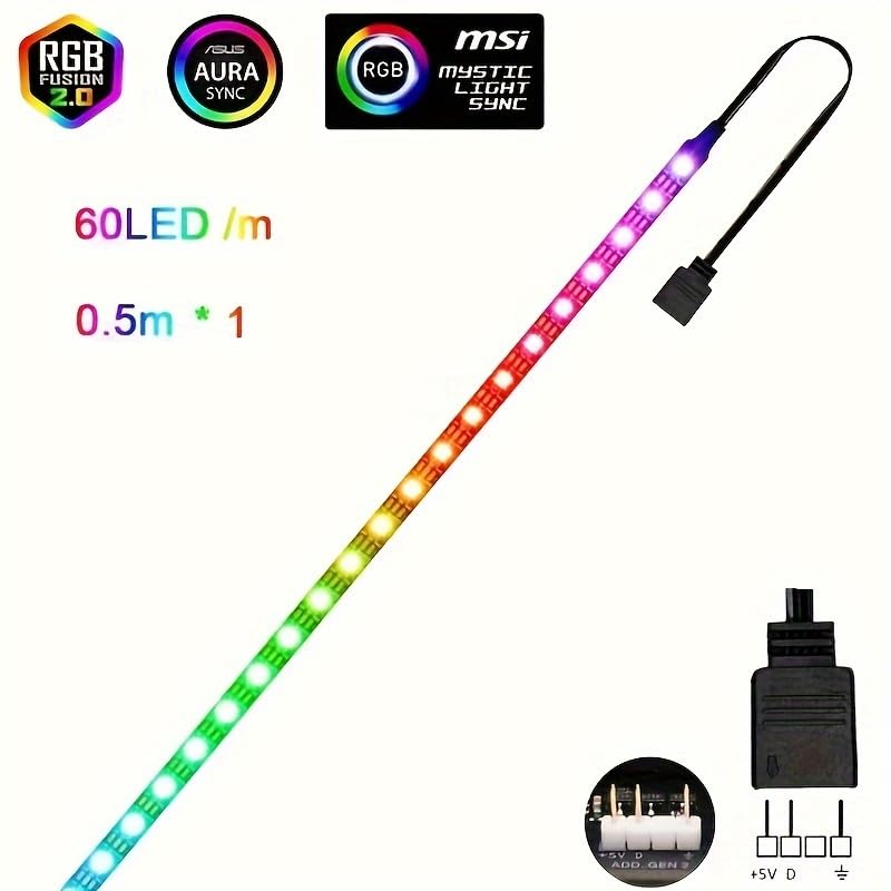 Image of RGB Strip Light for PC Case, 19.7in 30LEDs Addressable LED Strip for Motherboard 5V 3-Pin Header Gaming Case DIY Lighting