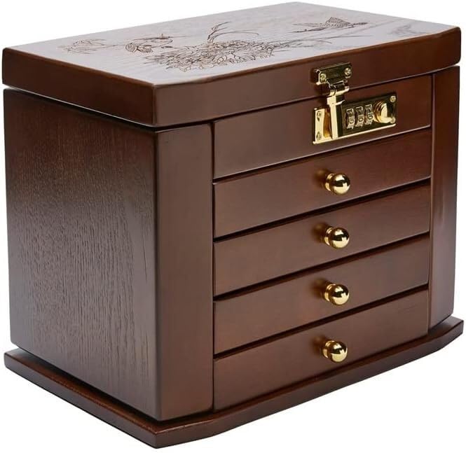 Joyero de madera con cerradura de combinación, almacenamiento de madera maciza de alta calidad para joyas, collares y relojes, ideal para mujeres y niñas