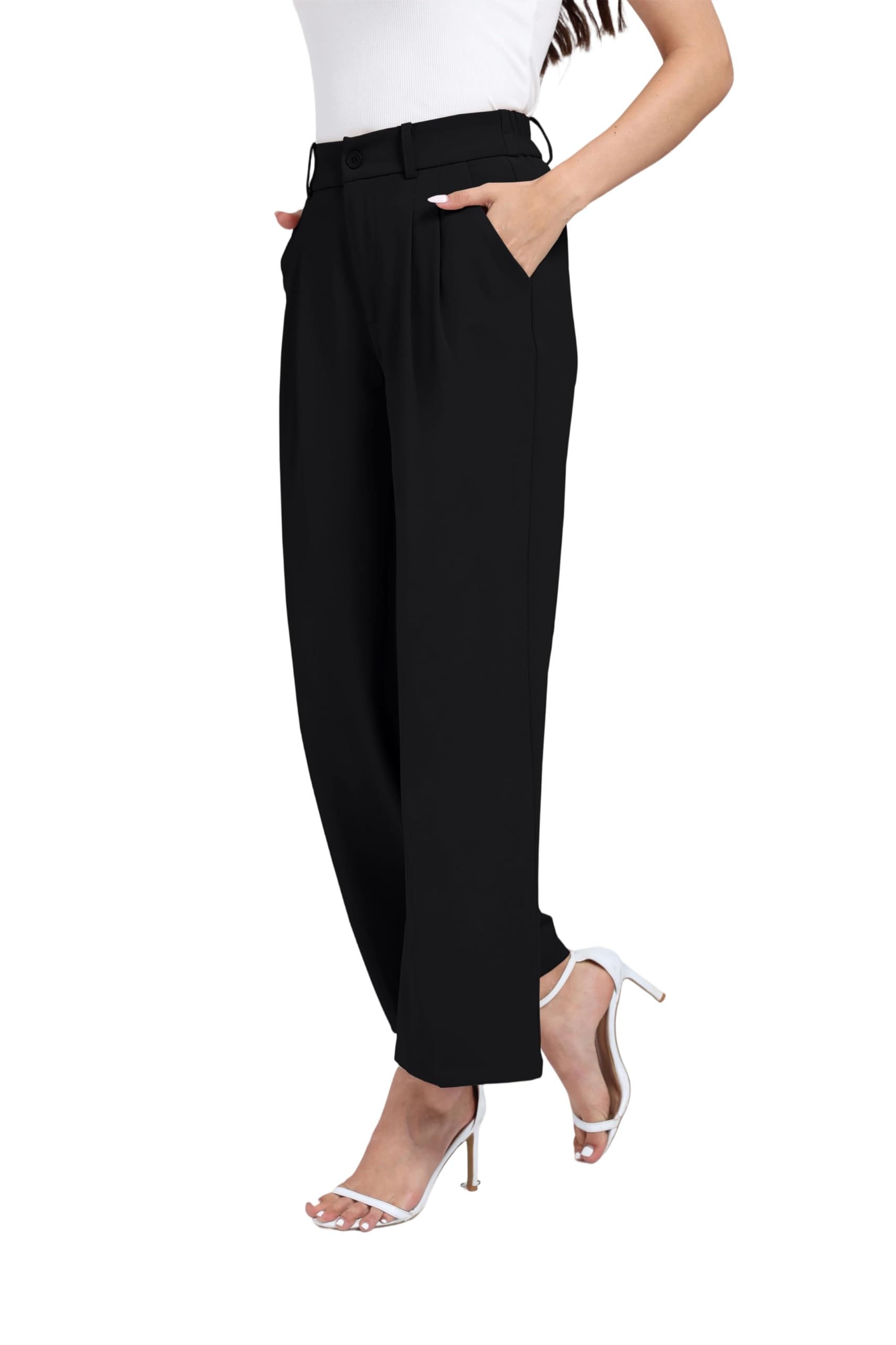 Oyamiki Pantaloni a gamba larga da donna UK casual elastico in vita estate elegante lavoro lavoro palazzo pantaloni con tasche