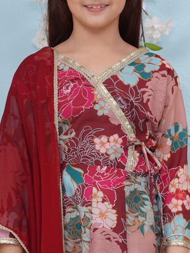 Image of Preneum Girls's Cotton Rayon Printed Angrakha Kurta with Sharara & Dupatta