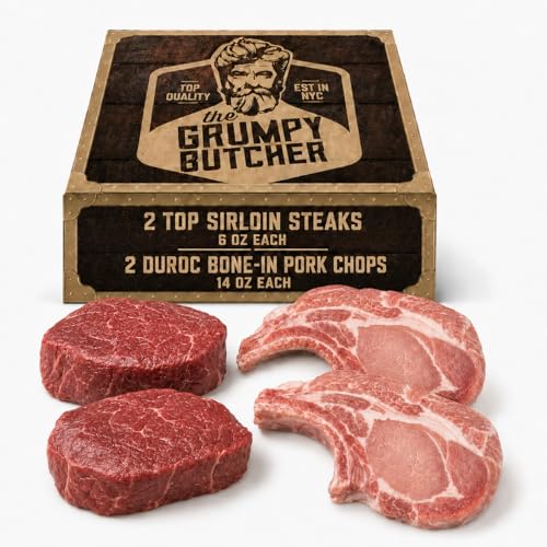 Image of Grumpy Butcher Aged Top Sirloin Steaks & Duroc Bone-In Pork Chops, 4 Piece Meat Gift Set - USDA Top Choice Beef Steak With Gift Box Option - Ships Frozen