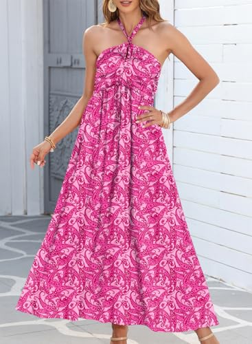 Image of Dokotoo Women's Summer Dresses Halter Neck Sleeveless Backless Flowy A Line Boho Maxi Dress