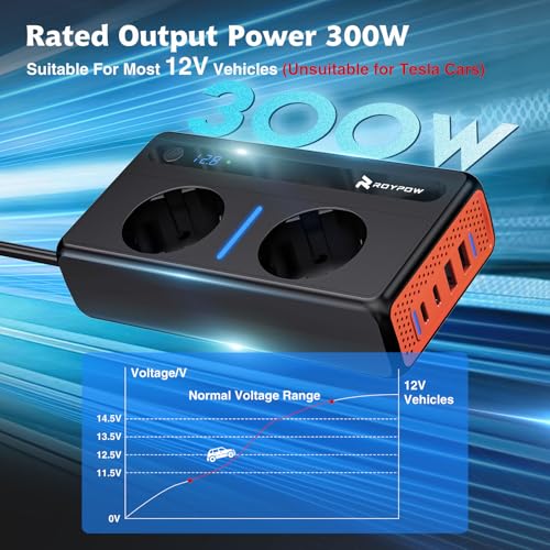 RoyPow Auto Spannungswandler 300W Wechselrichter DC 12V to AC 230V mit 2 Steckdosen und 4 USB Ports Schnelles Aufladen KFZ Ladegerät mit Zigarettenanzünderstecker