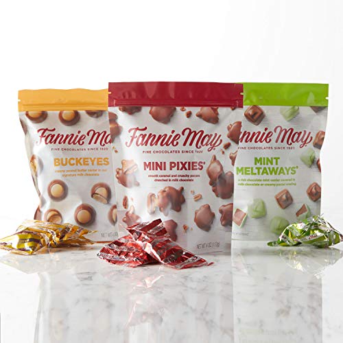 Fannie May Milk Chocolate Premium Bag Trio, featuring Pixies, Mint Meltaways, and Buckeyes, assortment of 6 bags