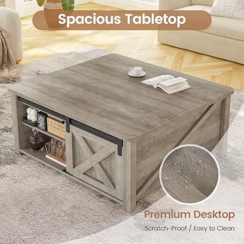 Image of SEDETA 31.5 inch Lift Top Coffee Table with Storage, Square Coffee Tables for Living Room, Farmhouse Coffee Table with Large Hidden Storage Compartment and Adjustable Shelves, Grey