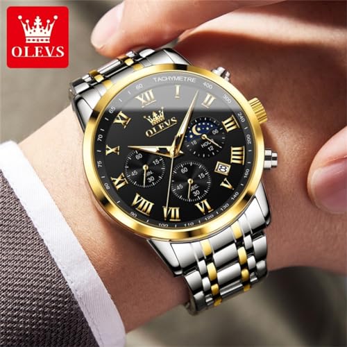 Image of OLEVS Men Multifunction Watch, Multi Dial Waterproof Luminous Chronograph, Gold Silver /Black, Round, mens business watch | Men's Watch with Date Gift for Men,Stainless Steel Watches for Men,Classic Men Wrist Watch