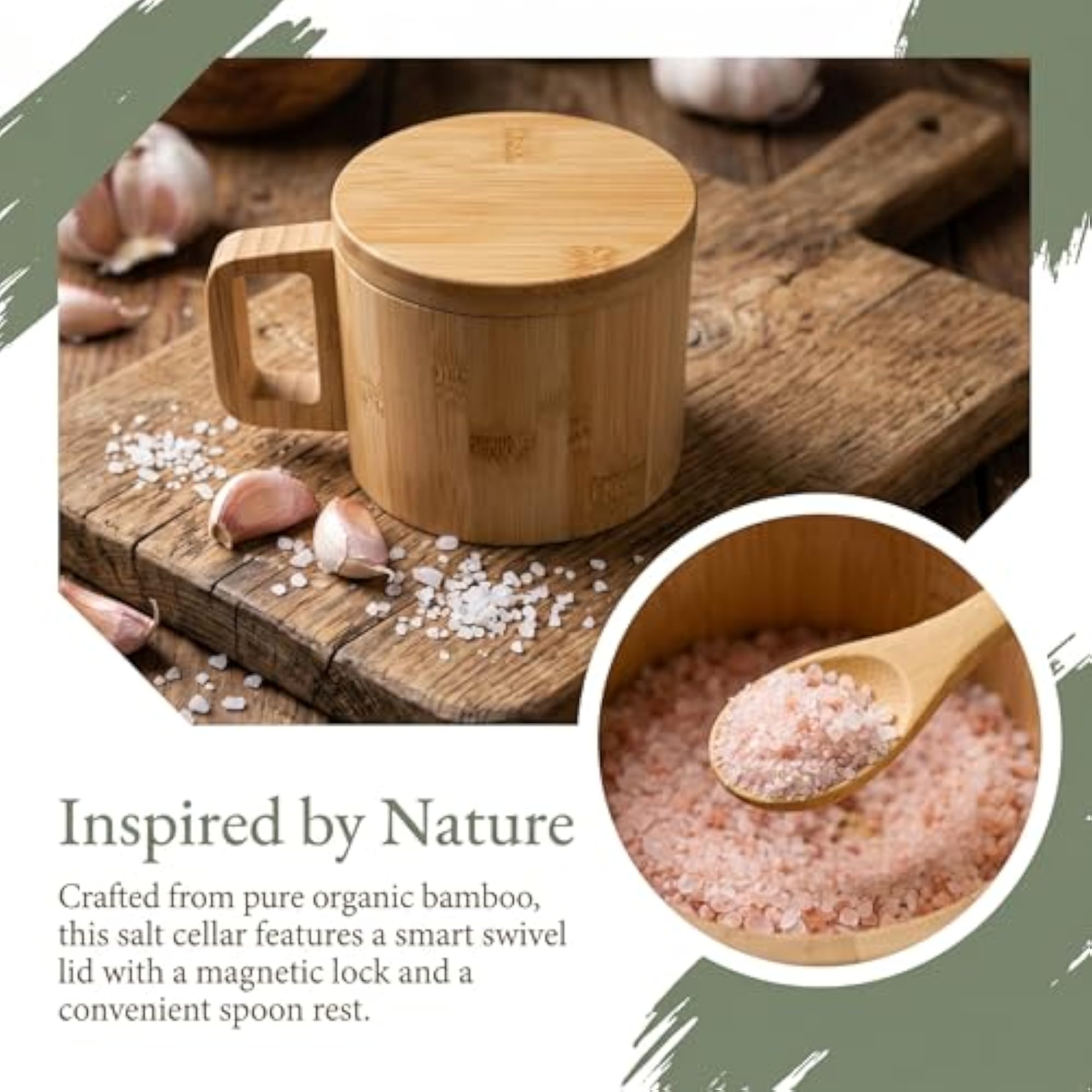 Bamboo Salt Cellar with Handle, Magnetic Swivel Lid & Spoon