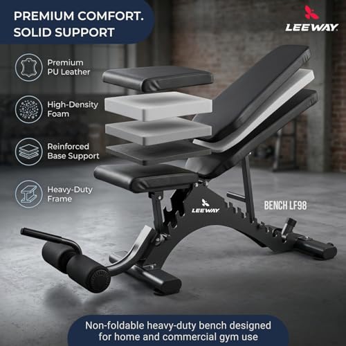 Image of Leeway LF98 Bench Press for Home Gym Setup | Adjustable Gym Bench Incline Decline Flat | 350KG, 9+3 Positions Foldable Multipurpose Workout Stand | Portable Equipment | Leg Curl Table /Chair Machine (Black, Bench LF98, 1)
