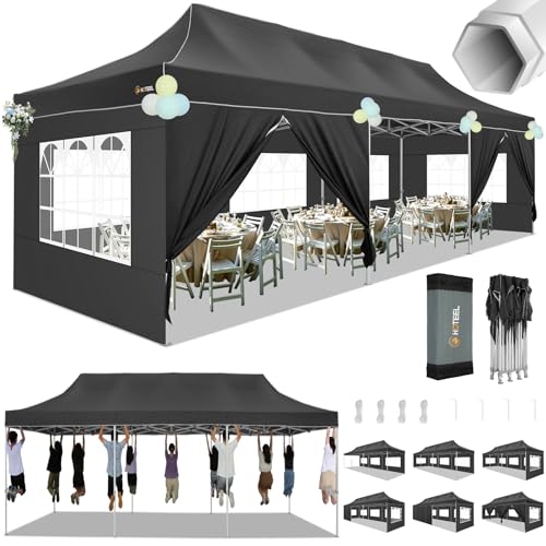 Image of HOTEEL Tents for Parties 10x30 Pop Up Canopy Tent Heavy Duty with 8 Sidewalls, Commercial Party Tent Event Wedding Instant Canopy Waterproof with Carry Bag, UV 50+, Thicked Hexagonal Legs, Black