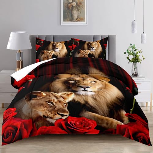 Raphus Cucullatus Lion Print Comforter Set King 3 Piece, Red Black Animal Bedding for Boys, Rose Tropical African 3D Print, Lion King Bed Set