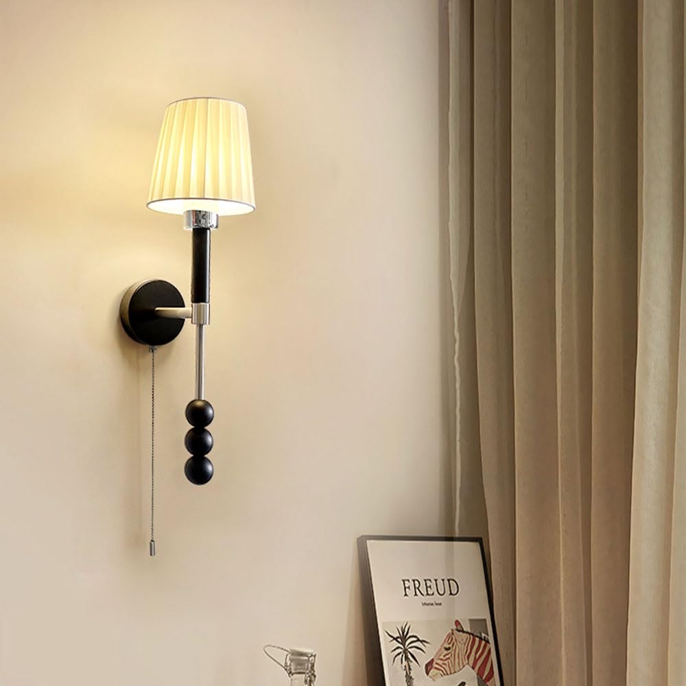 Applique da Parete Moderna in Tessuto con Interruttore a cordicella, Lampada da Comodino per Hotel, Applique da Soggiorno con Cablaggio Fisso, Paralume in Tessuto Bianco plissettat