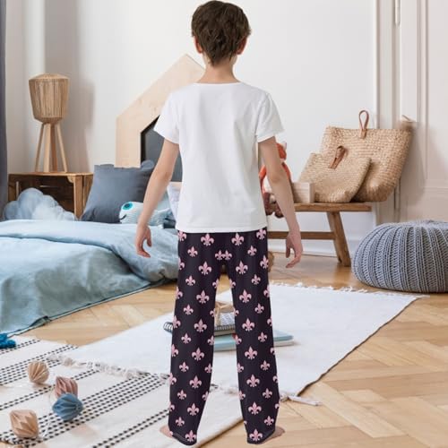 Boy's Pj Pants Pink Black Fleur De Lis Lounge Bottoms Elastic Waist Kids Joggers with Pockets Size 6-143