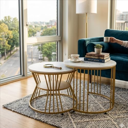 Image of Amazon Brand - Solimo Nature Haven Round Nesting Coffee Table Set of 2 | Marble Veneer Top with Metal Frame | Golden White | L 51.5 x W 51.5 x H 41.5 cm and L 46 x W 46 x H 36 cm