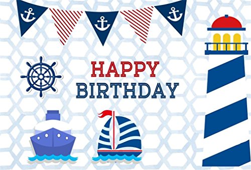 AOFOTO 8x6ft Happy Birthday Nautical Theme Party Decoration Background Rudder Cartoon Lighthouse Photography Backdrop Marine Ship Seafaring Voyage Boat Navigation Anchor Banner Photo Studio Props