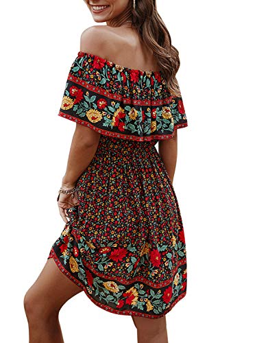 Image of Off Shoulder Boho Floral Swing Mini Dress Summer Strapless Pleated Short Dress