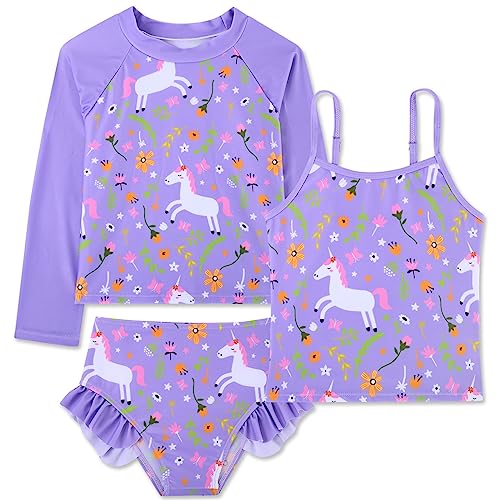 swimsobo Girl Unicorn Rash Guard Swimsuit for Kids Size 5-6 Years Purple Tankini Sets Sun Protect Bathing Suit 3 Pieces Long Sleeve Child Swimwear